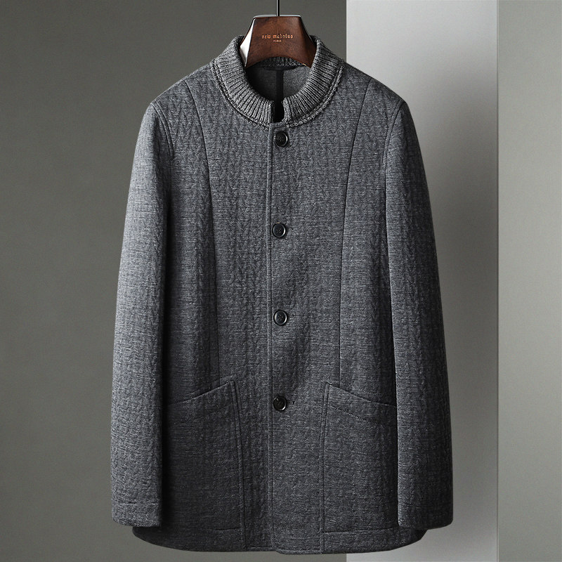 秋冬新款立领中年男士棒球领羊毛针织茄克衫休闲夹克外套男装上衣