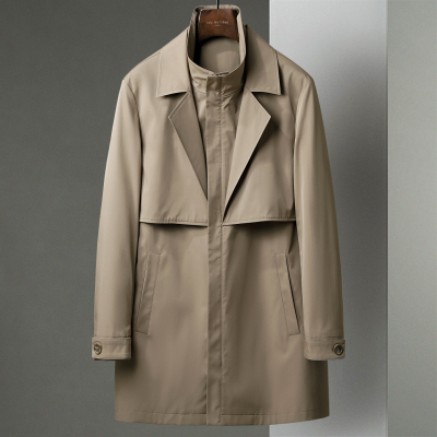卡其色薄款男士拉链可脱卸内胆风衣外套中年春秋季商务休闲翻领