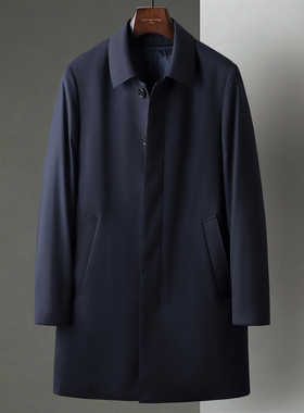 深蓝色新款中长款翻领商务羊毛风衣男大衣可拆卸羊绒内胆中年外套
