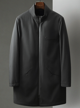 黑色秋冬新款立领风衣男士中长款中年商务茄克棉服加厚爸爸装外套
