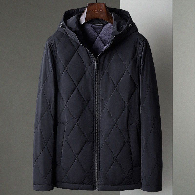 黑色秋冬新款棉袄夹克外套菱格中年男士商务休闲连帽棉衣棉服茄克