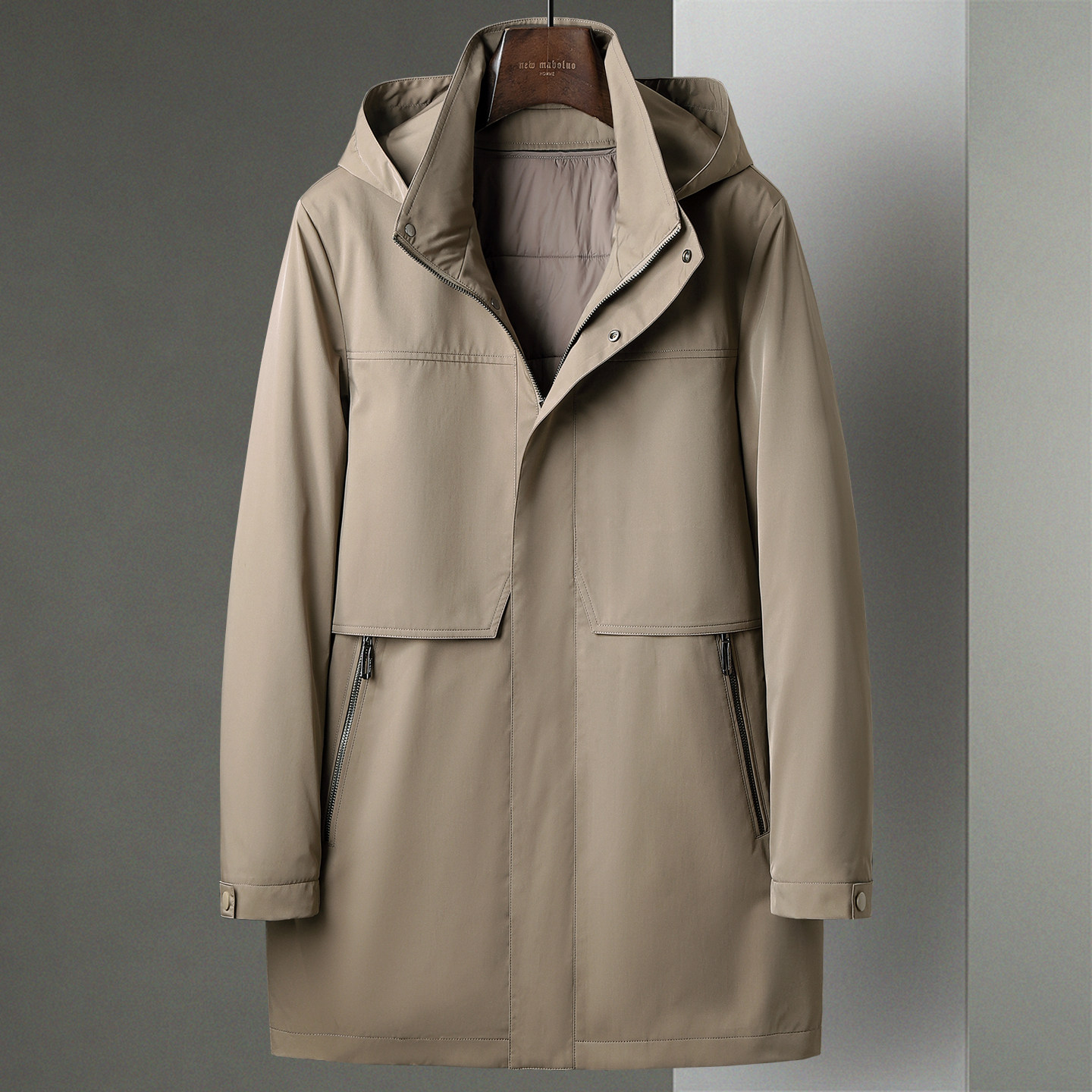 卡其色中长款可拆卸羊毛内胆风衣商务休闲中年男士可拆卸帽厚外套