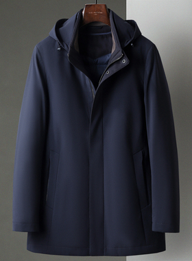 深蓝色冬季新款商务羊毛中年男士大衣可拆卸内胆羽绒服风衣外套