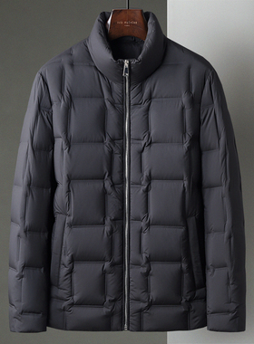 黑色冬季新款压胶轻盈短款立领中年男通勤休闲鸭绒夹克羽绒服外套