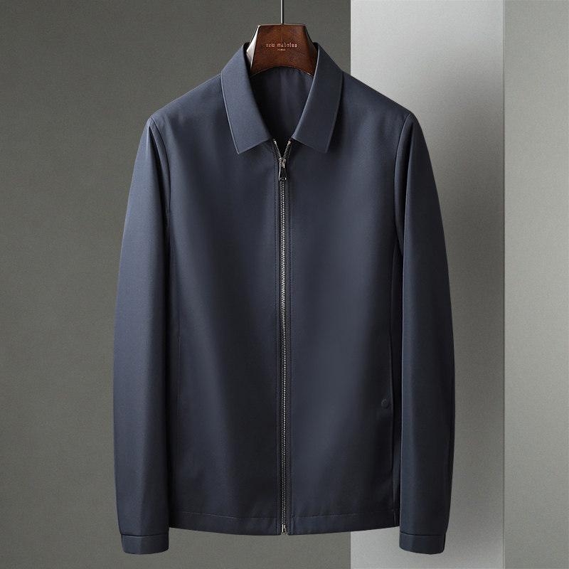 藏青色春秋季轻薄款男士外套中年商务翻领夹克上衣爸爸装休闲茄克