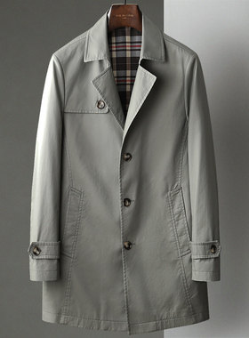男士中长款春秋季新款棉布商务单排扣中年翻领休闲风衣上衣外套