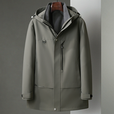 冬季新款可脱卸鸭绒羽绒内胆中年男士中长款三合一连帽厚风衣外套