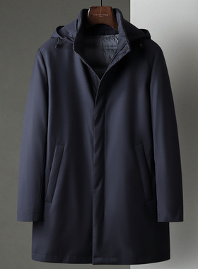 深蓝色羊毛商务鹅绒羽绒服中长款可拆卸内胆中年政务男士风衣外套