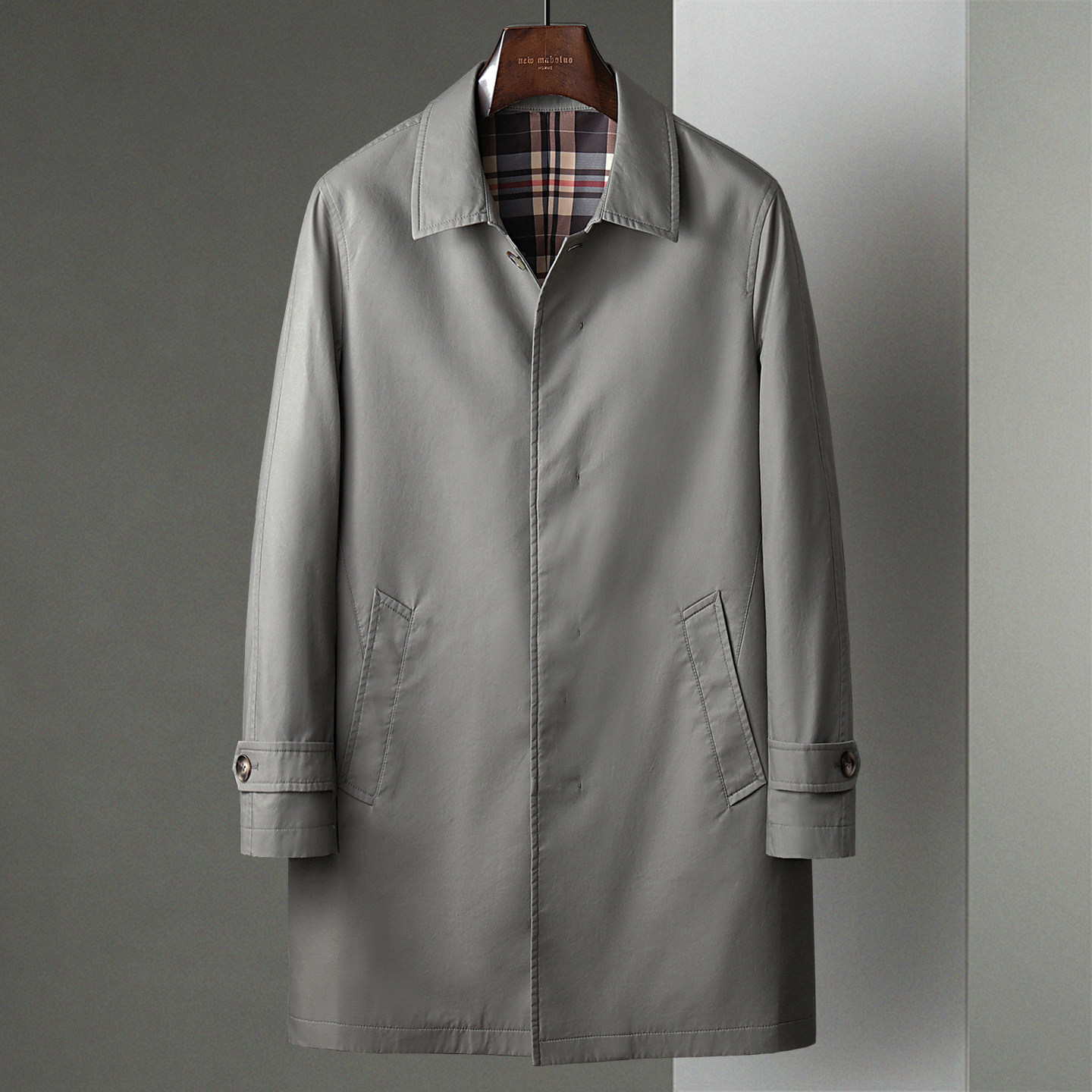 春秋季新款青灰色棉布翻领休闲中长款风衣男士商务中年单排扣外套