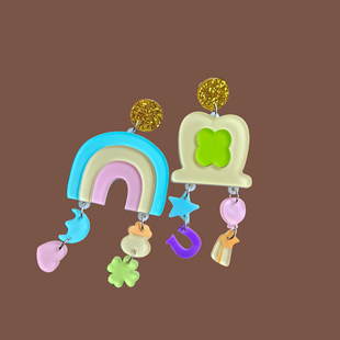 P可爱不对称彩虹帽子巴多安星星流苏个性耳环钉针