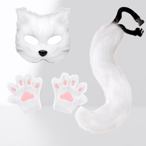 万圣节毛绒猫咪狐狸尾巴女兽人风格面具手套三件套装cosplay道具