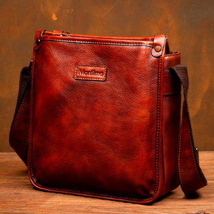 慢时光2025男士 真皮单肩包休闲背包头层植鞣牛皮斜挎包复古斜背包