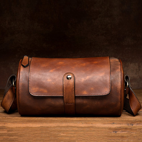 手工牛皮圆筒包休闲真皮斜挎包潮