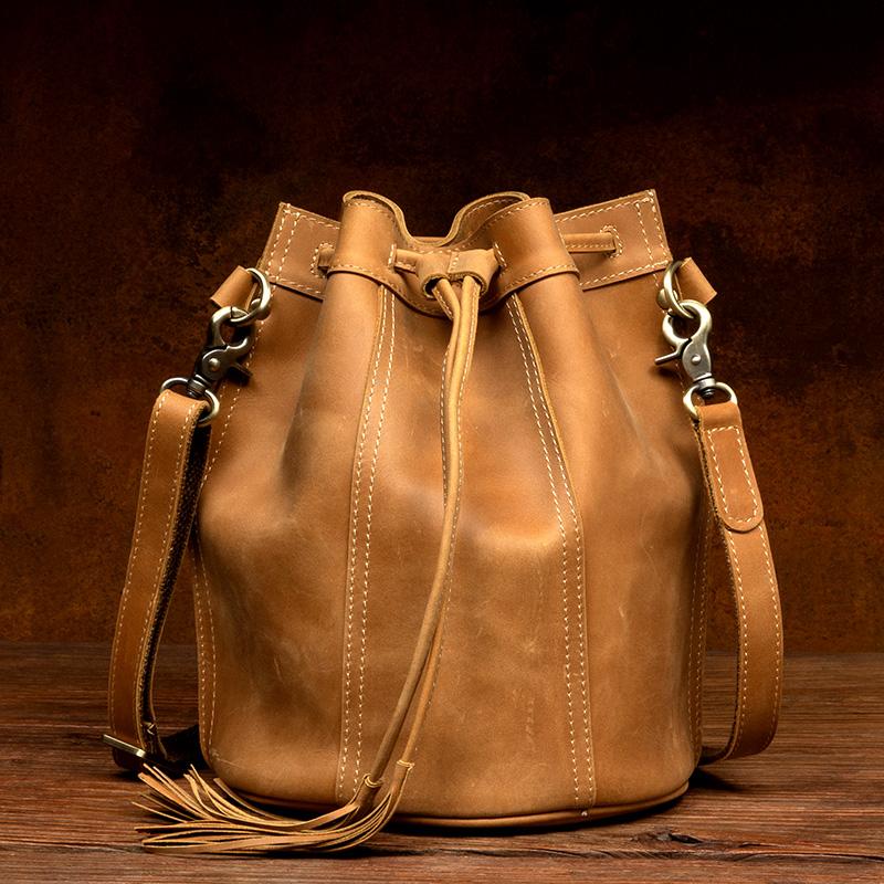 手工牛皮水桶包女士个性单肩包