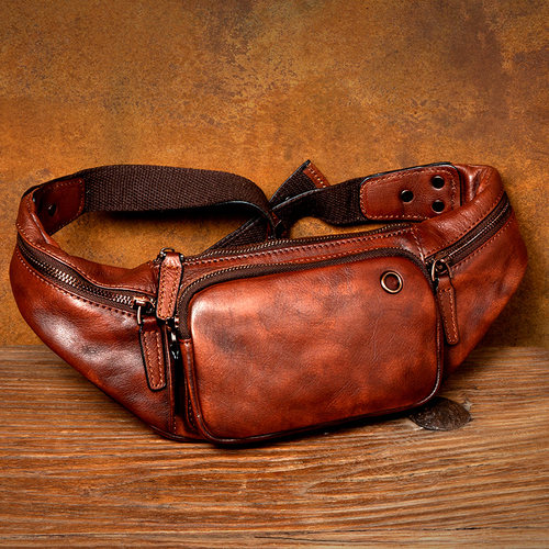 慢时光休闲真皮胸包多功能腰包男