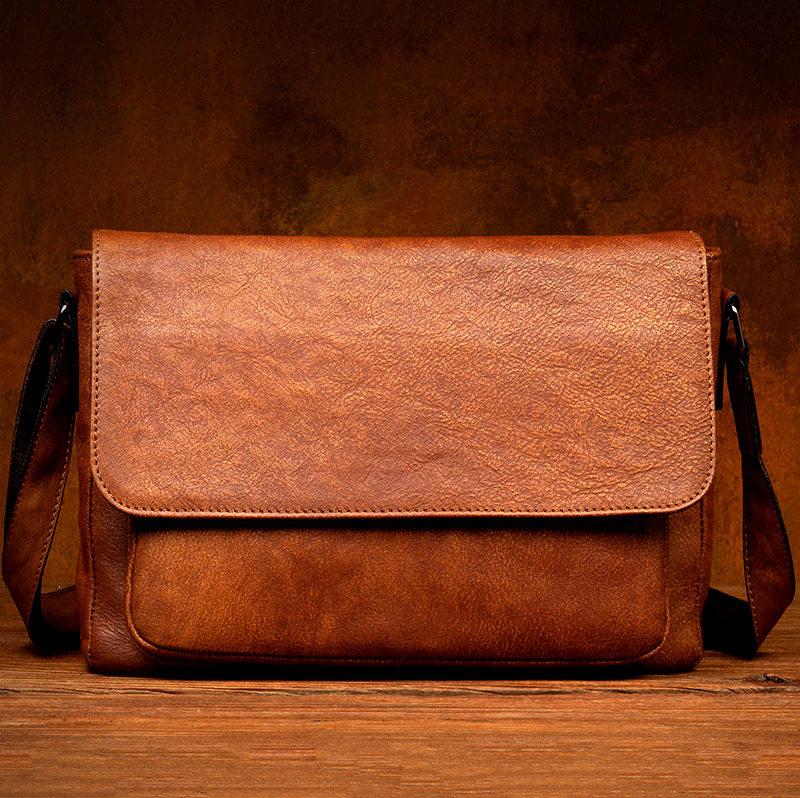 慢时光复古头层牛皮单肩包横款男包休闲手工真皮斜挎通勤风邮差包