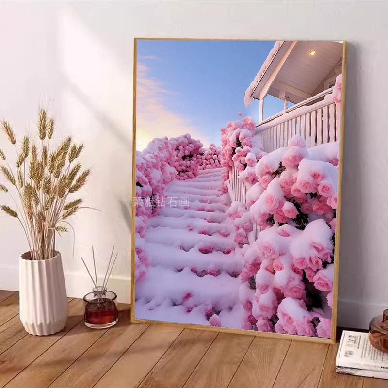 DIY方钻满钻钻石画钻石绣贴钻十字绣套件大雪中的小屋粉玫瑰阶梯