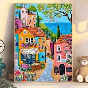 复杂高难度DIY方钻满钻钻石画钻石绣海边小镇街角小店夏天丝柏树