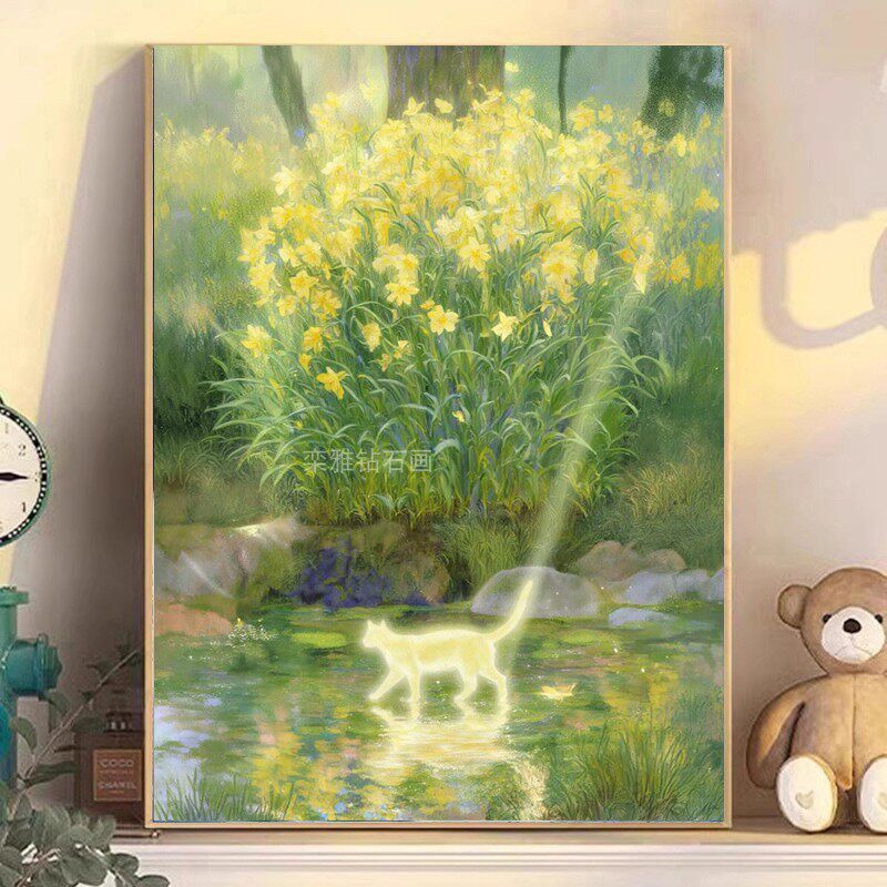 diy手工全粘贴钻方钻满钻钻石画钻石绣黄色花草水上光束梦幻猫咪