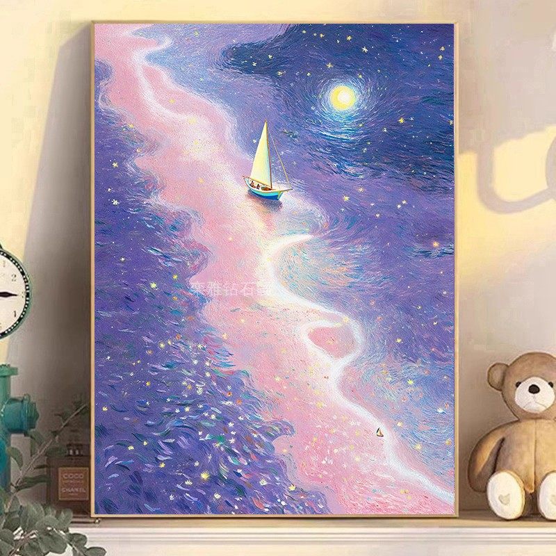 DIY方钻满钻钻石画钻石绣手工贴钻十字绣浪漫紫粉色海边帆船日出,居家布艺,钻石绣,淘宝优惠券,粉丝福利购,淘宝优惠卷