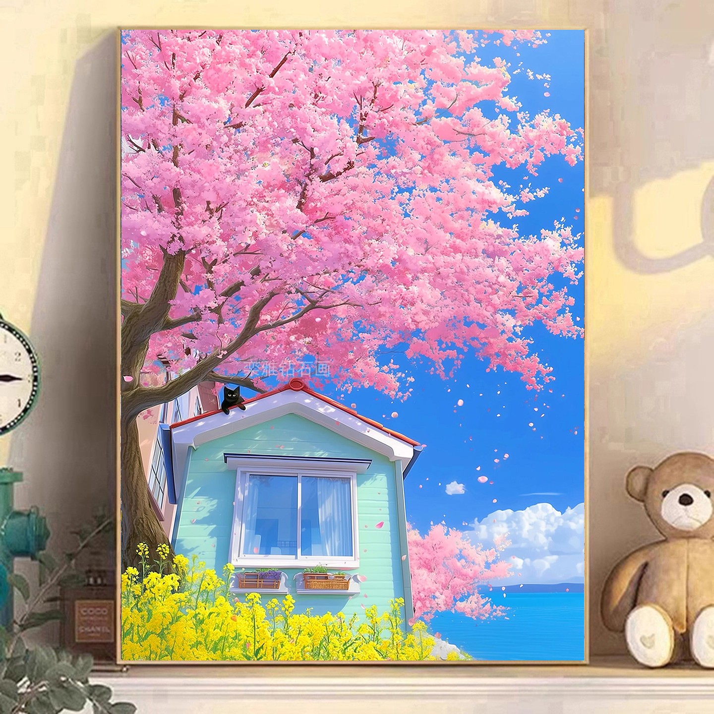 2026新款DIY手工贴钻树脂方钻满钻钻石画春天海边小屋樱花油菜花