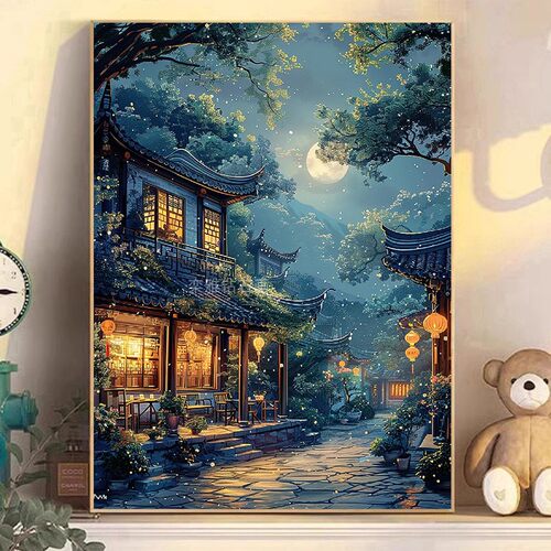 新款古代建筑DIY方钻满钻钻石画钻石绣手工贴钻梦幻家园月亮夜景