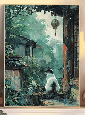 DIY手工全粘贴钻方钻满钻钻石画钻石绣雨天屋檐下的猫咪眺望远方