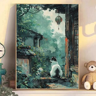 DIY手工全粘贴钻方钻满钻钻石画钻石绣雨天屋檐下的猫咪眺望远方