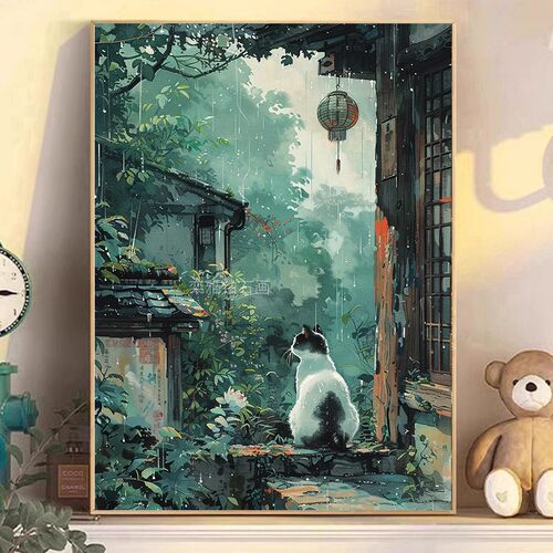 DIY手工全粘贴钻方钻满钻钻石画钻石绣雨天屋檐下的猫咪眺望远方