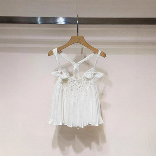 深圳南油高端女装2025夏季新款航海系穿搭蝴蝶结压褶钉珠吊带上衣