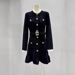 秋冬新款黑色雪尼尔弹力针织富家千金小香连衣裙赫本风高定小黑裙