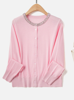 BC同款轻奢纯羊毛重手工钉钻圆领毛衣针织衫秋冬新款女装开衫外套