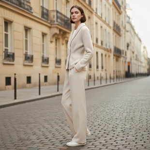 YAQI女装小香风毛衣女秋冬新款山羊绒宽边青果领收腰针织开衫外套