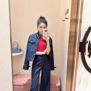 深圳南油高端女装2026春新款复古牛仔套装女翻领夹克阔腿裤两件套
