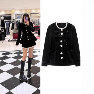 拉菲姆女装2025冬季新款时尚宫廷风手工大蝴蝶结丝绒外套上衣半裙