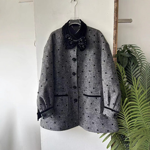 深圳南油高端女装2025冬季新款立体蝴蝶结装饰波点中长款毛呢外套