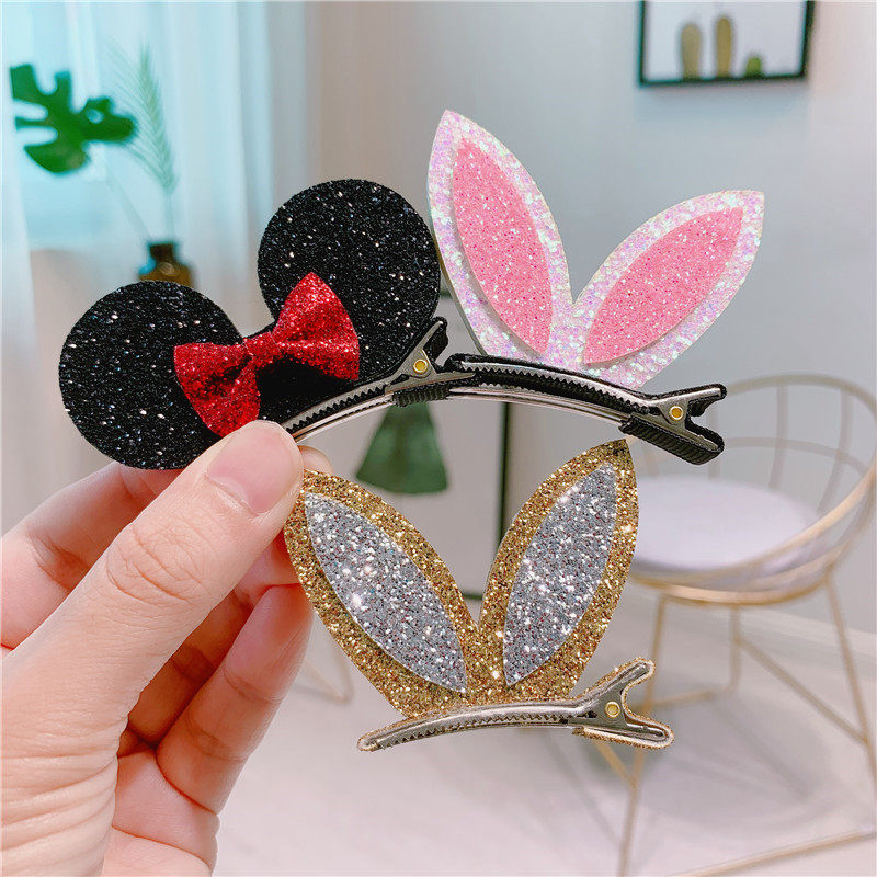 高端精品儿童发饰可爱宝宝立体亮片兔耳朵顶夹女孩卡通头饰不掉粉