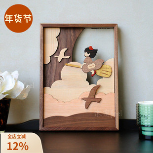 可爱小魔女木拼画中古风原木装饰挂画奶油风摆件玄关客厅民宿酒店