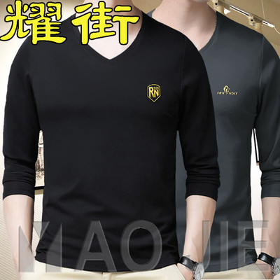 春秋季男款加大码胖子长袖t恤秋衣打底衫男v领体桖春秋装衣服修身