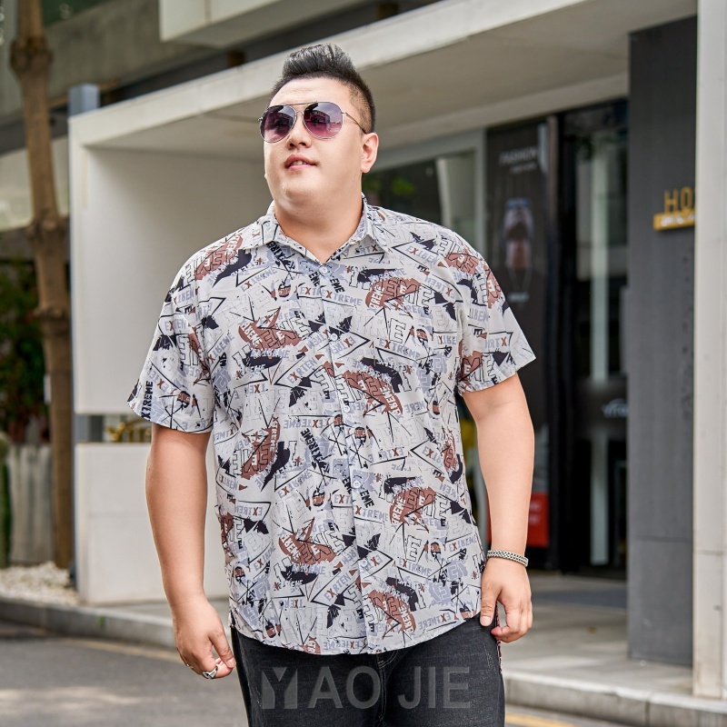 花衬衫男短袖夏季胖子宽松休闲印花衬衣加肥加大码男装肥佬半袖潮