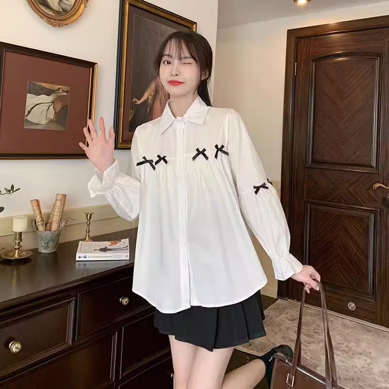 学院风甜美蝴蝶结显瘦长袖衬衫女
