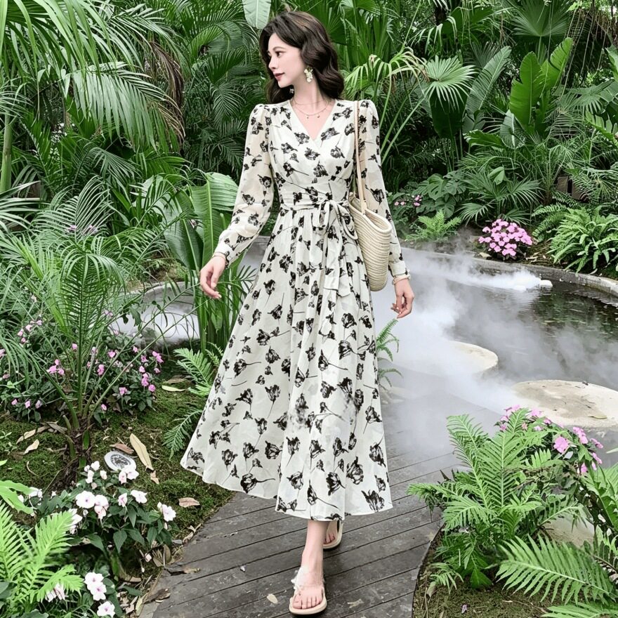 秋季法式香云纱显瘦开叉连衣裙女