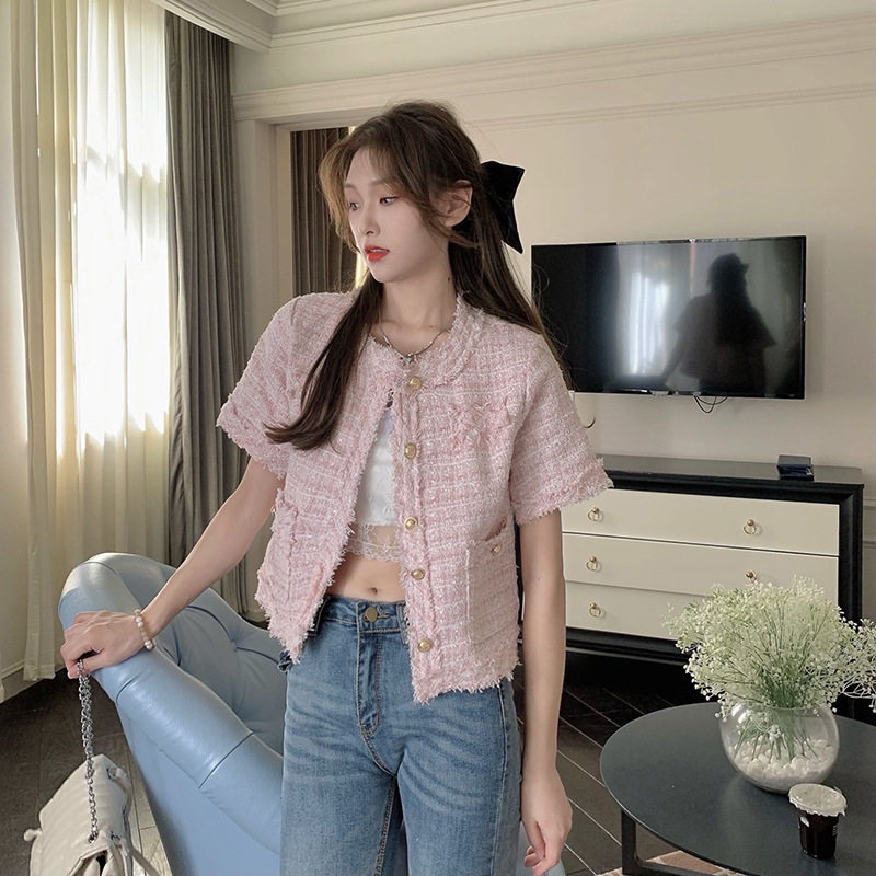 夏季薄款小香风粗花呢短袖外套女