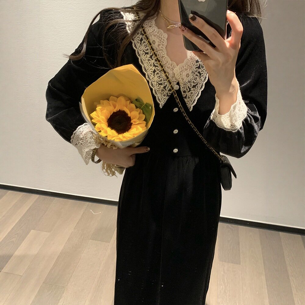 秋季丝绒拼蕾丝大码显瘦连衣裙女