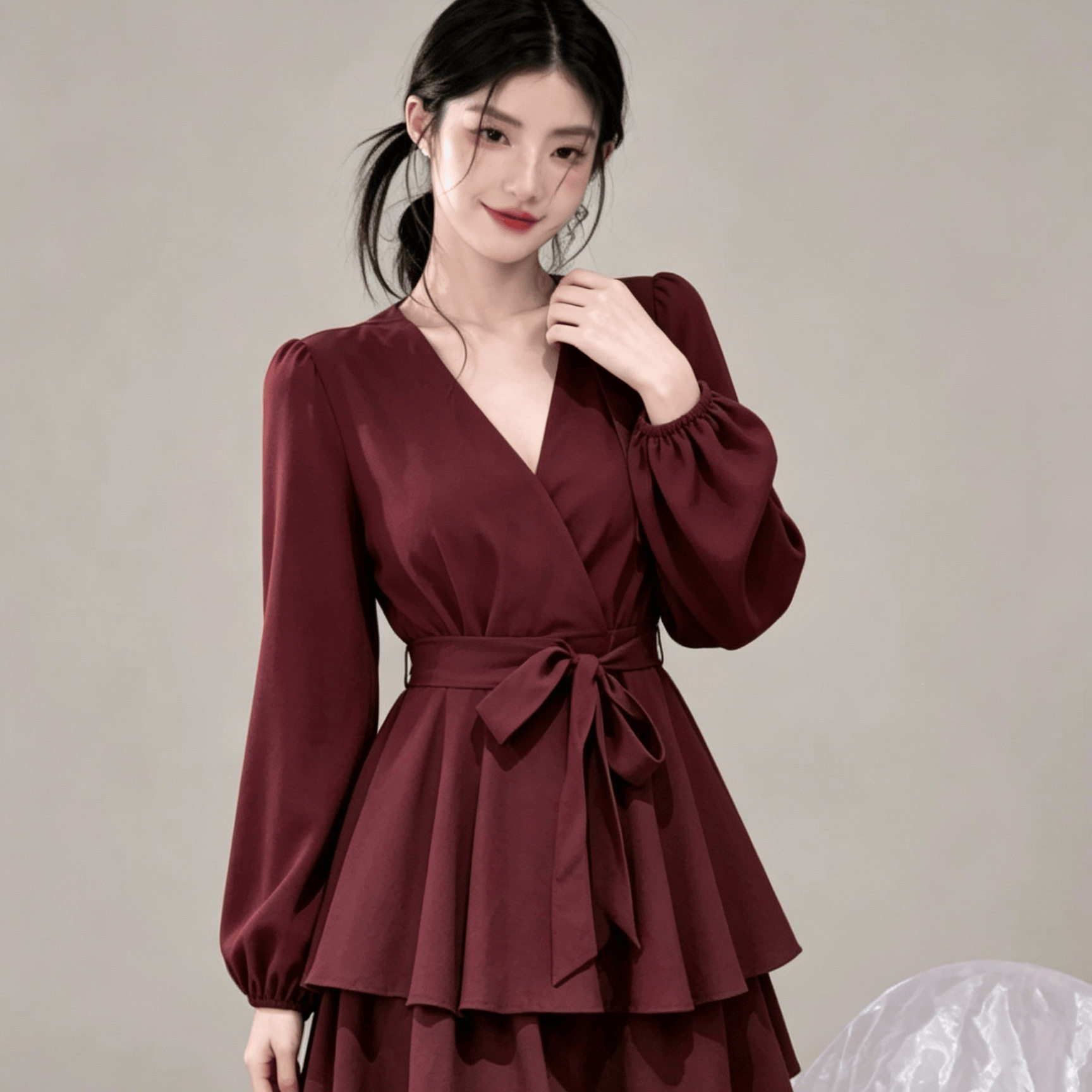 秋季高腰V领绑带A字显瘦连衣裙女