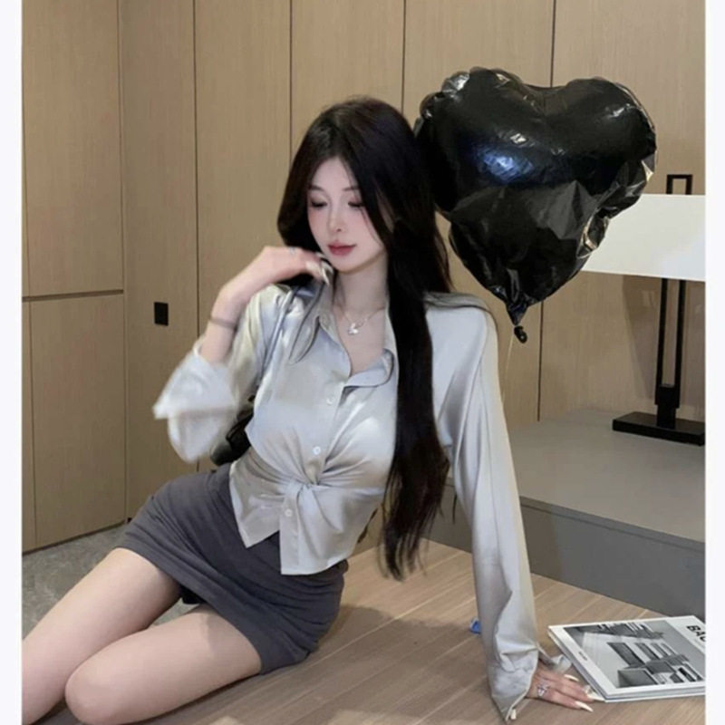 轻熟风纯欲绸缎绑带收腰长袖衬衫