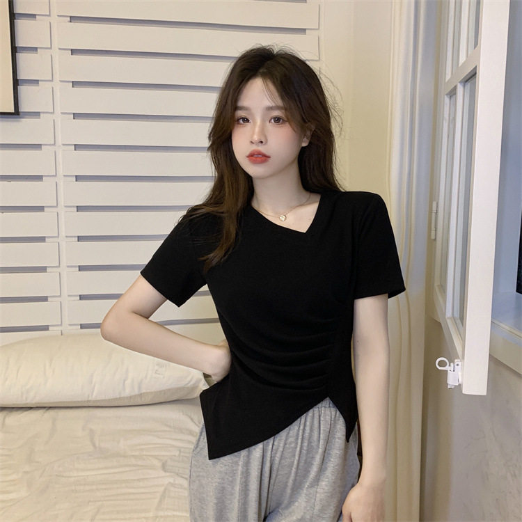 夏季大码遮肚褶皱藏肉短袖T恤女