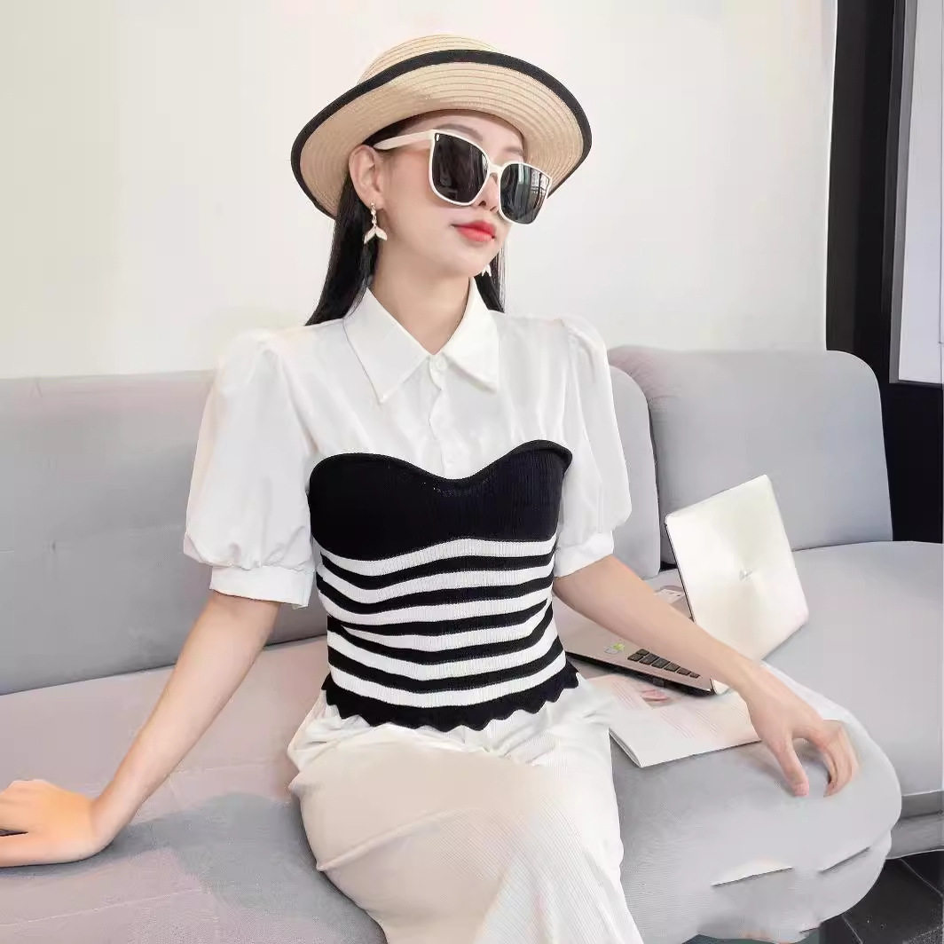 夏季条纹短款显瘦假两件POLO衫女