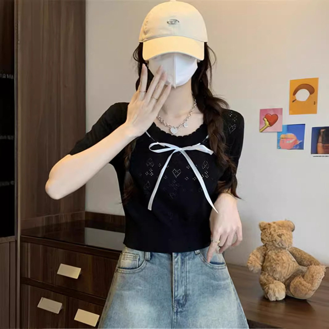 夏季冰丝短袖法式蝴蝶结针织T恤