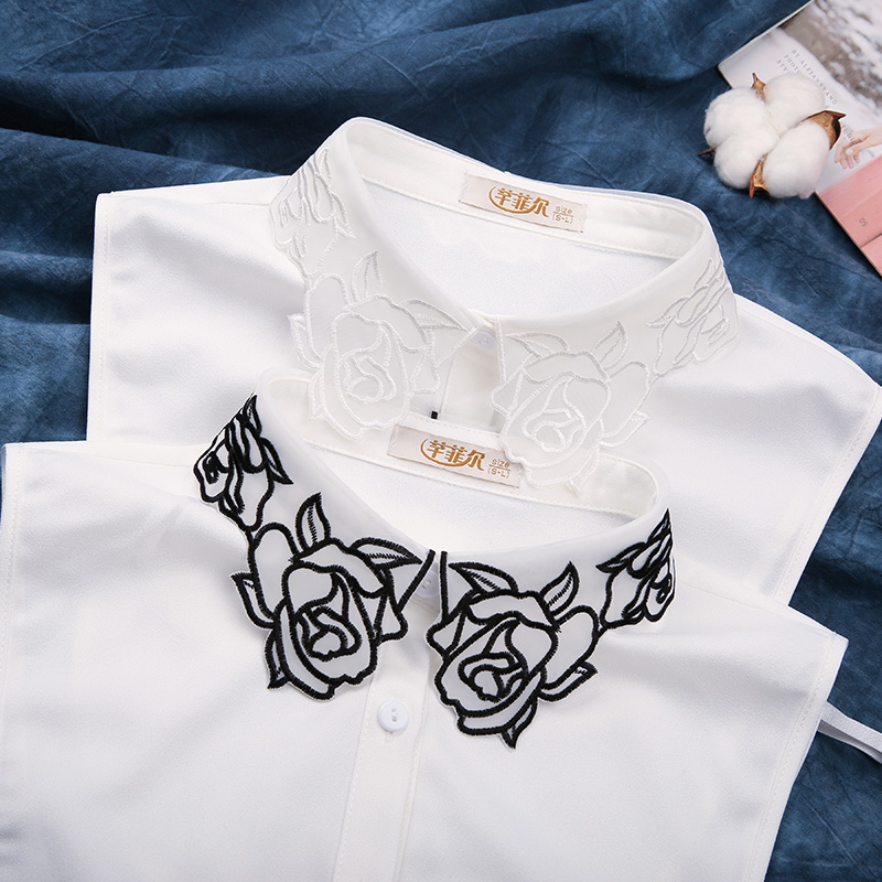 百搭玫瑰刺绣装饰领纯棉假领